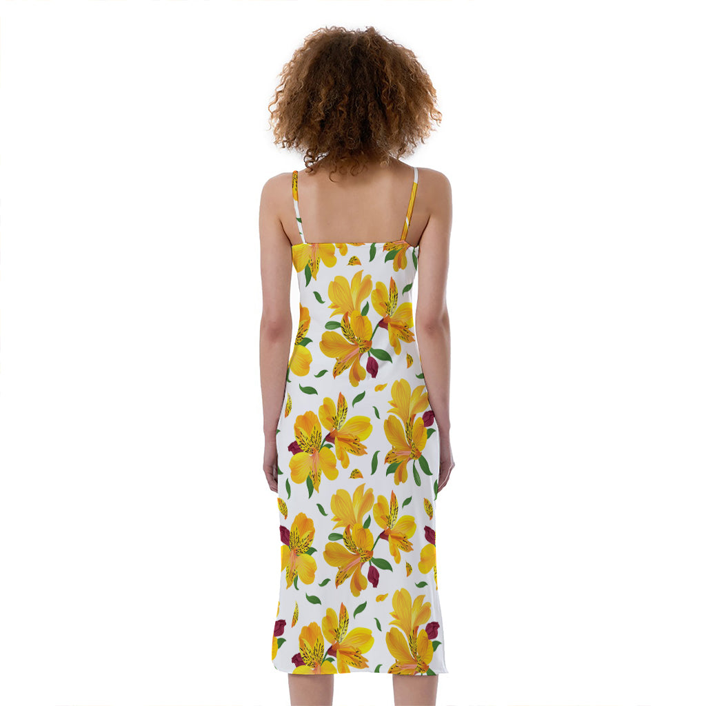 Yellow Alstroemeria Pattern Print Slim Fit Midi Cami Dress