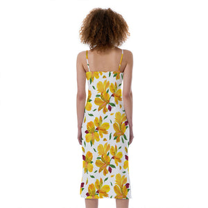 Yellow Alstroemeria Pattern Print Slim Fit Midi Cami Dress