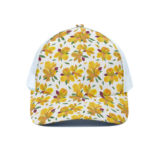 Yellow Alstroemeria Pattern Print White Mesh Trucker Cap
