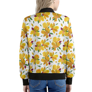 Yellow Alstroemeria Pattern Print Women's Bomber Jacket