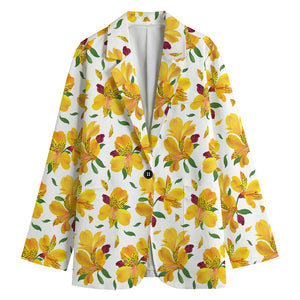 Yellow Alstroemeria Pattern Print Women's Cotton Blazer