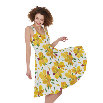 Yellow Alstroemeria Pattern Print Women's Sleeveless Dress
