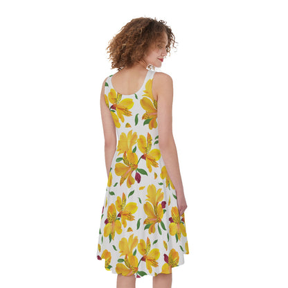 Yellow Alstroemeria Pattern Print Women's Sleeveless Dress