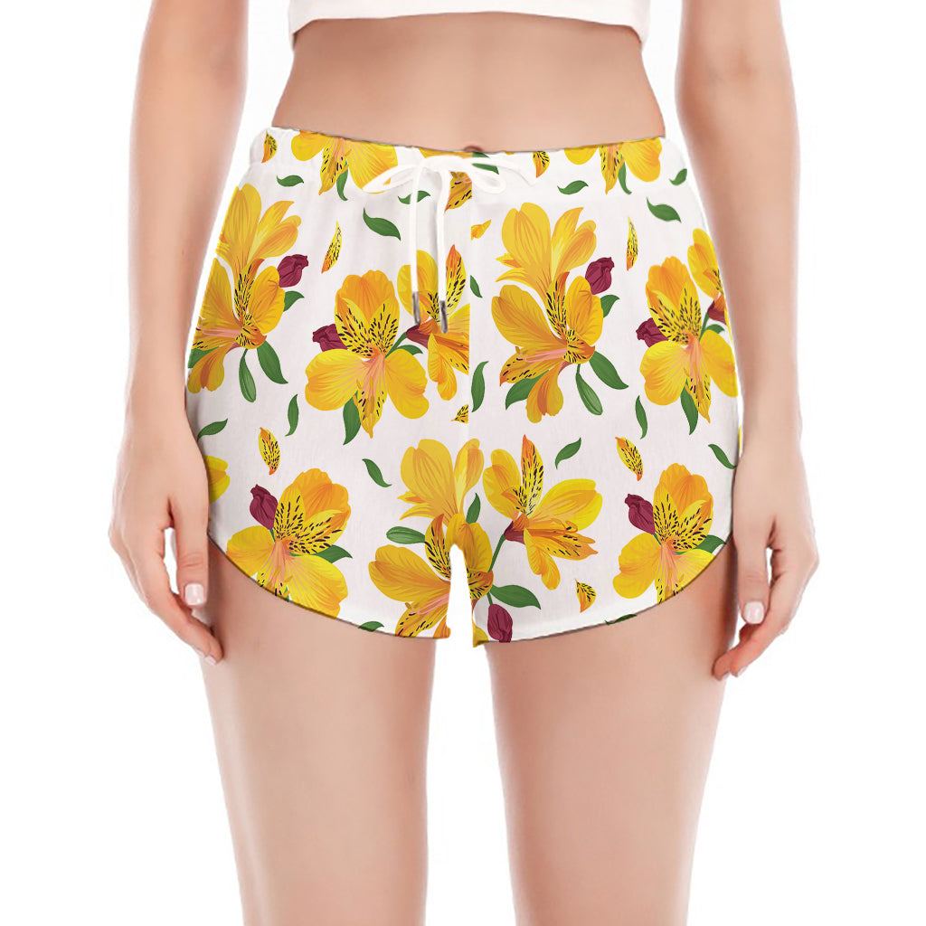 Yellow Alstroemeria Pattern Print Women's Split Running Shorts