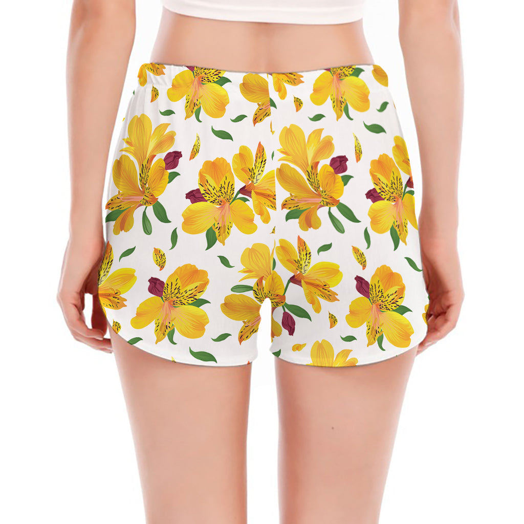 Yellow Alstroemeria Pattern Print Women's Split Running Shorts