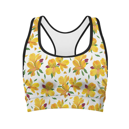 Yellow Alstroemeria Pattern Print Women's Sports Bra