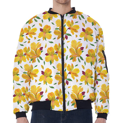 Yellow Alstroemeria Pattern Print Zip Sleeve Bomber Jacket