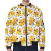 Yellow Alstroemeria Pattern Print Zip Sleeve Bomber Jacket