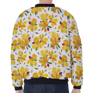 Yellow Alstroemeria Pattern Print Zip Sleeve Bomber Jacket