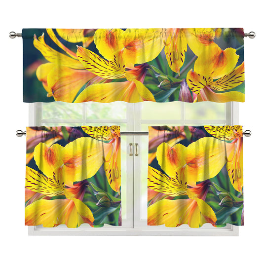 Yellow Alstroemeria Print 3 Piece Kitchen Curtains