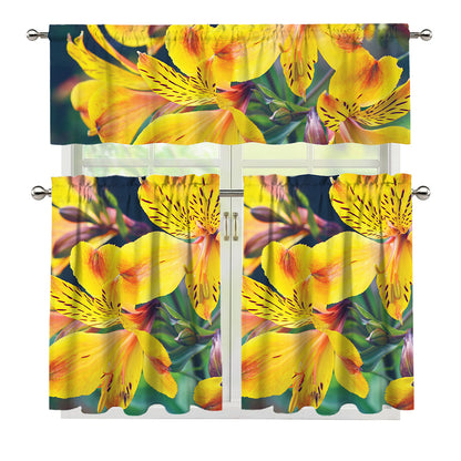 Yellow Alstroemeria Print 3 Piece Kitchen Curtains
