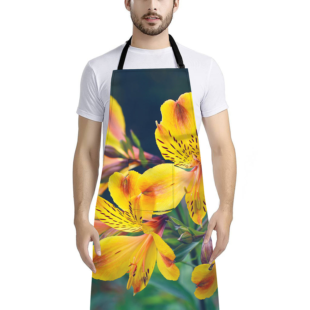 Yellow Alstroemeria Print Bib Apron With Pocket