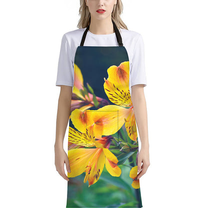 Yellow Alstroemeria Print Bib Apron With Pocket