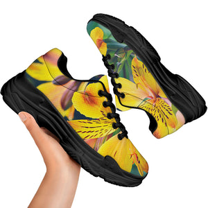 Yellow Alstroemeria Print Black Chunky Shoes