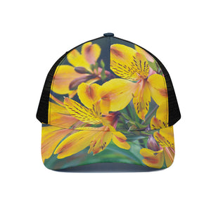 Yellow Alstroemeria Print Black Mesh Trucker Cap