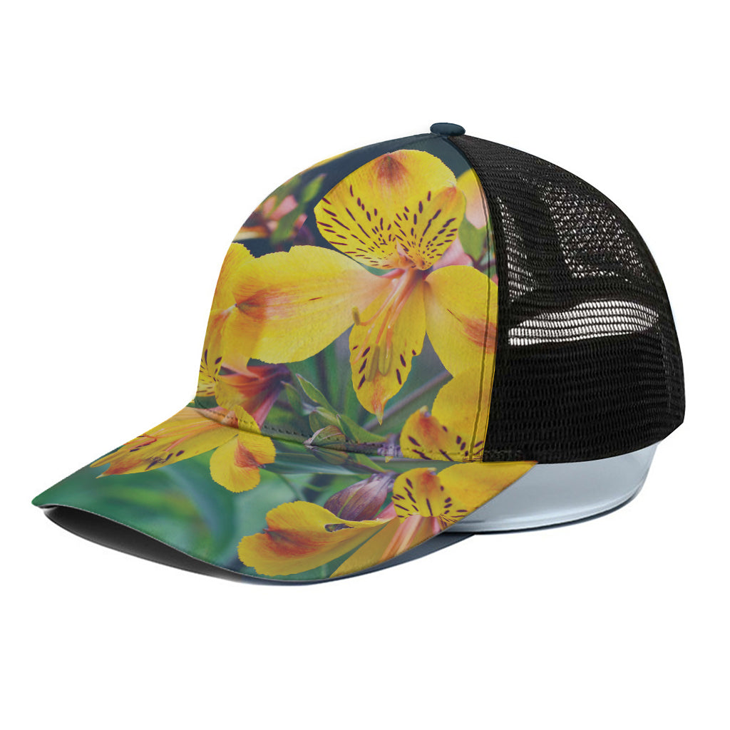 Yellow Alstroemeria Print Black Mesh Trucker Cap