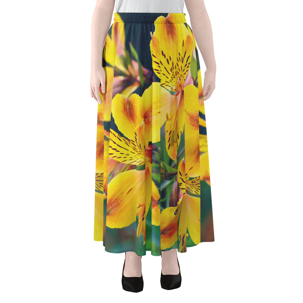 Yellow Alstroemeria Print Chiffon Maxi Skirt