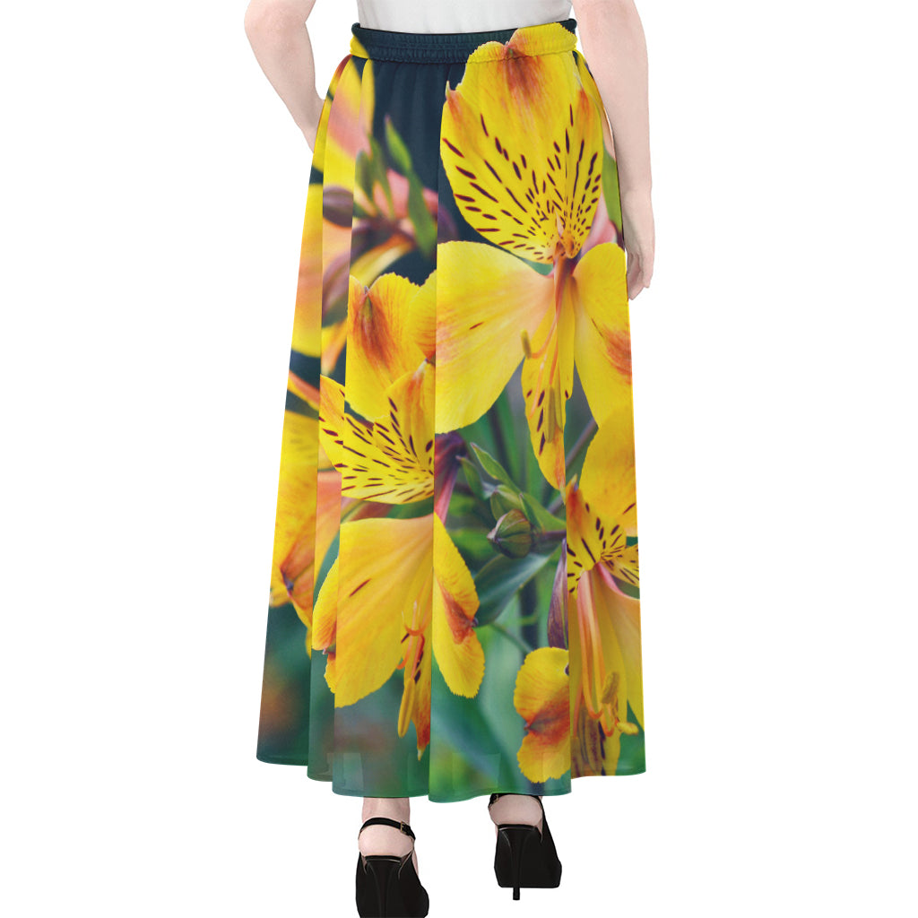 Yellow Alstroemeria Print Chiffon Maxi Skirt