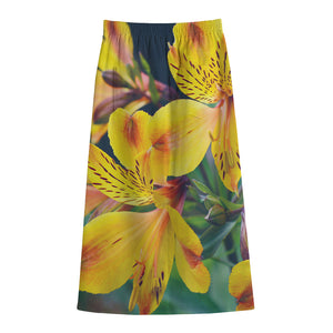 Yellow Alstroemeria Print Cotton Front Slit Maxi Skirt