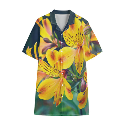 Yellow Alstroemeria Print Cotton Hawaiian Shirt