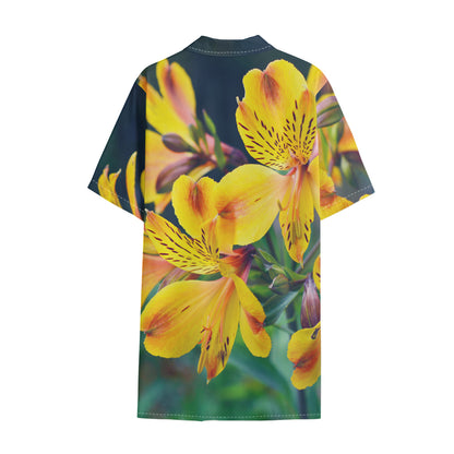 Yellow Alstroemeria Print Cotton Hawaiian Shirt