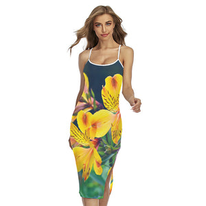 Yellow Alstroemeria Print Cross Back Cami Dress