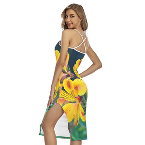 Yellow Alstroemeria Print Cross Back Cami Dress