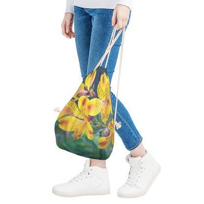 Yellow Alstroemeria Print Drawstring Bag