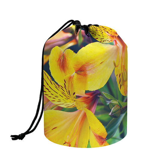 Yellow Alstroemeria Print Drawstring Makeup Bag
