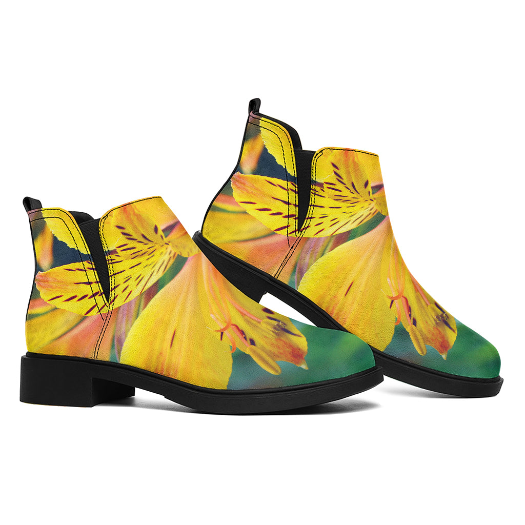 Yellow Alstroemeria Print Flat Ankle Boots