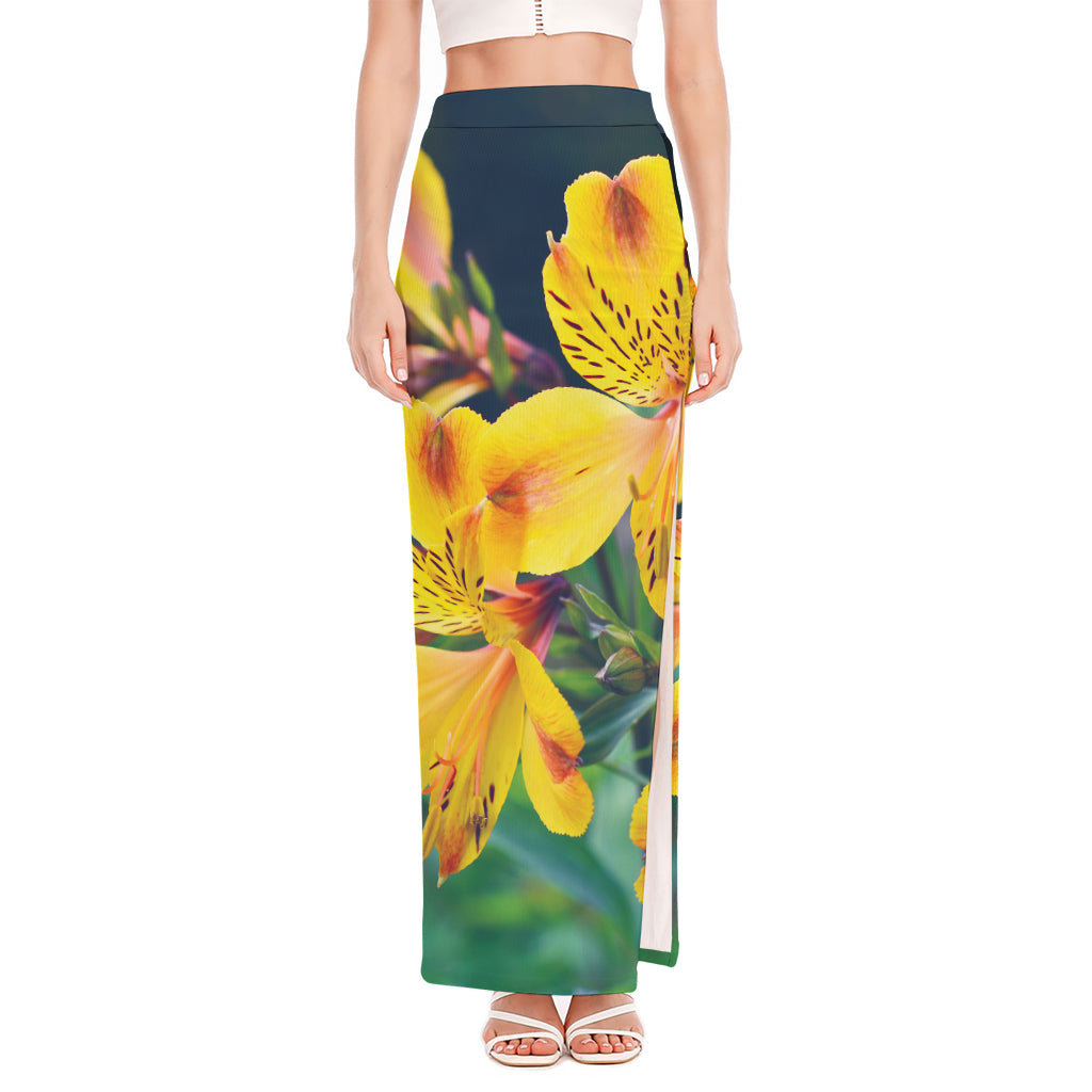 Yellow Alstroemeria Print High Slit Maxi Skirt