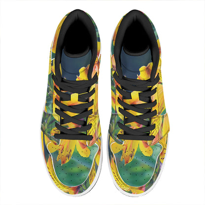 Yellow Alstroemeria Print High Top Leather Sneakers