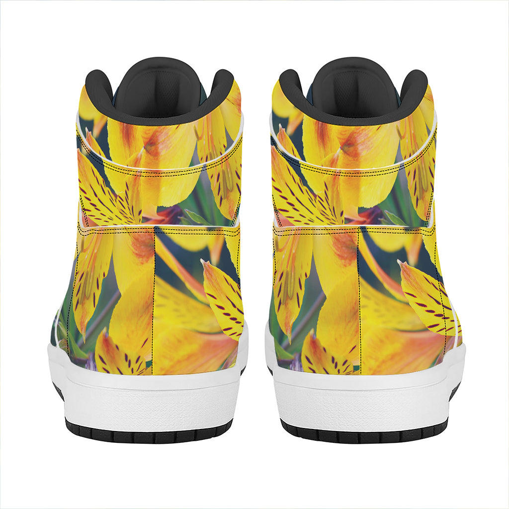 Yellow Alstroemeria Print High Top Leather Sneakers