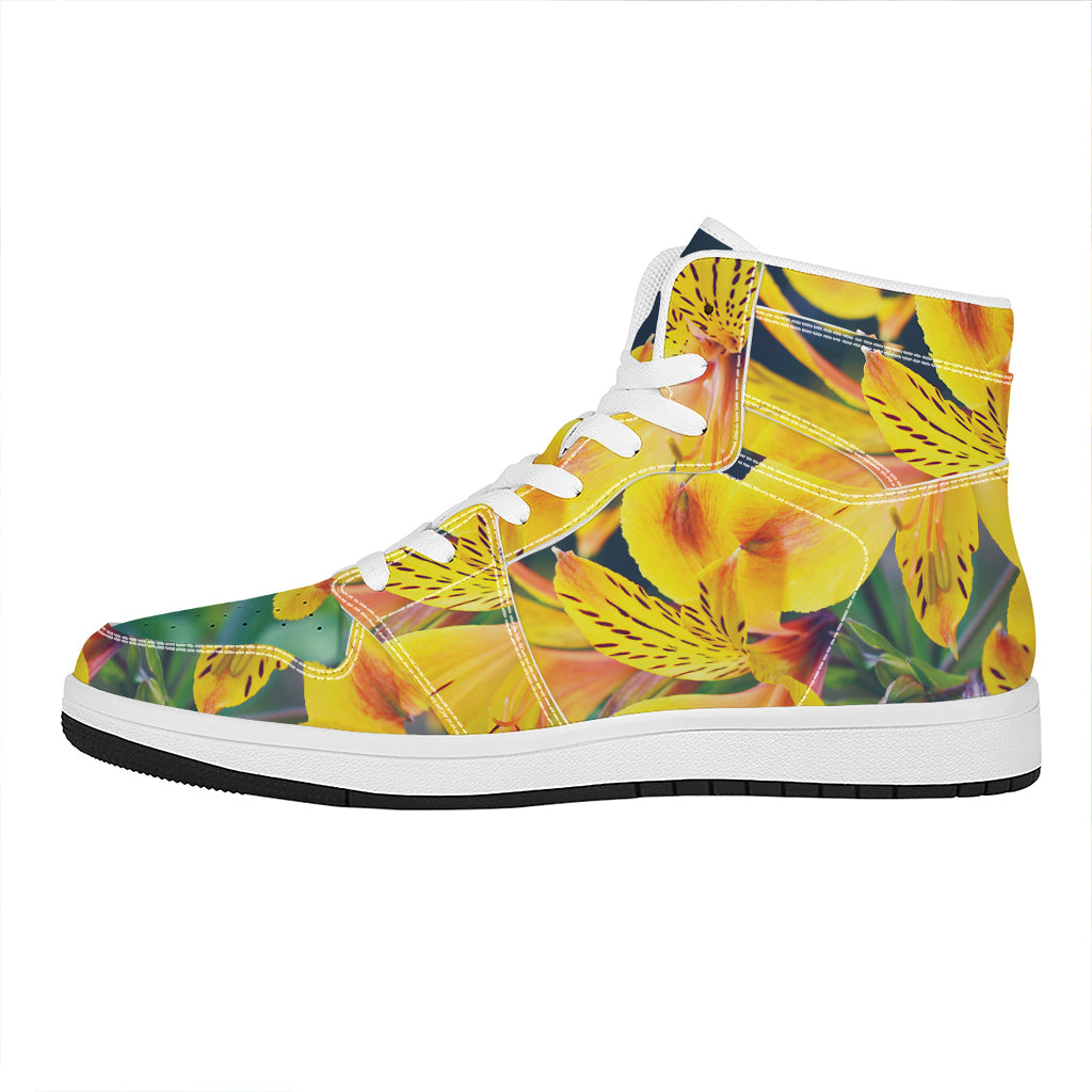 Yellow Alstroemeria Print High Top Leather Sneakers