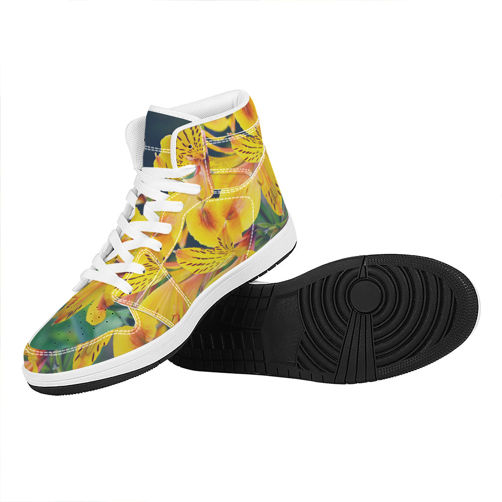 Yellow Alstroemeria Print High Top Leather Sneakers
