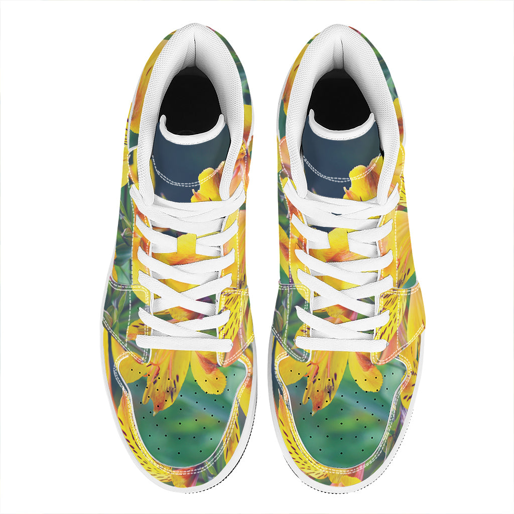 Yellow Alstroemeria Print High Top Leather Sneakers
