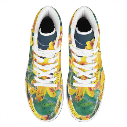 Yellow Alstroemeria Print High Top Leather Sneakers