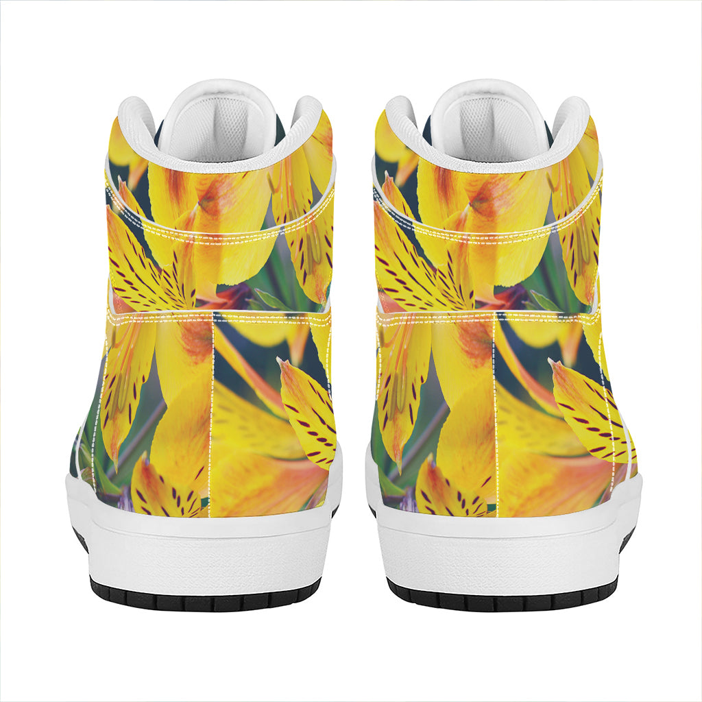 Yellow Alstroemeria Print High Top Leather Sneakers
