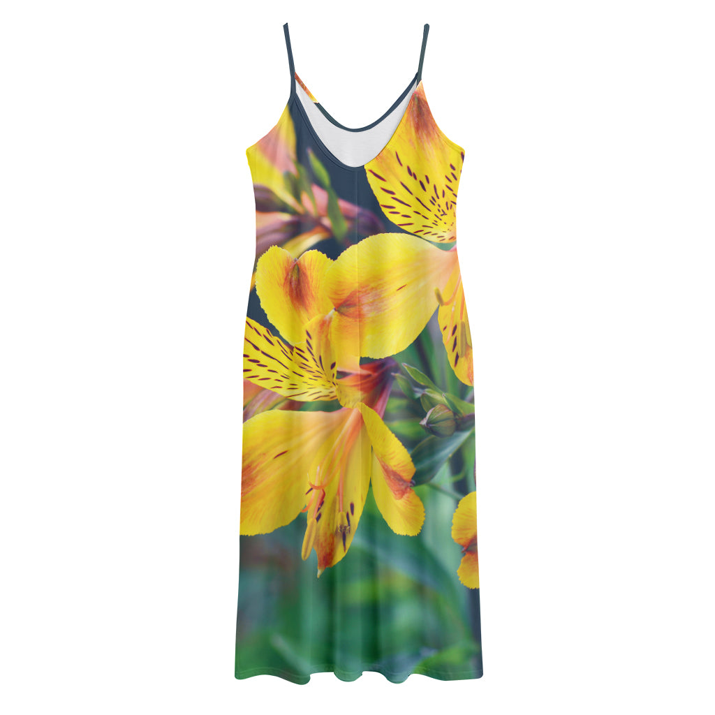 Yellow Alstroemeria Print Jersey Midi Cami Dress