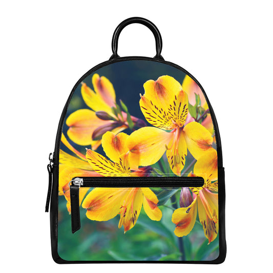 Yellow Alstroemeria Print Leather Backpack