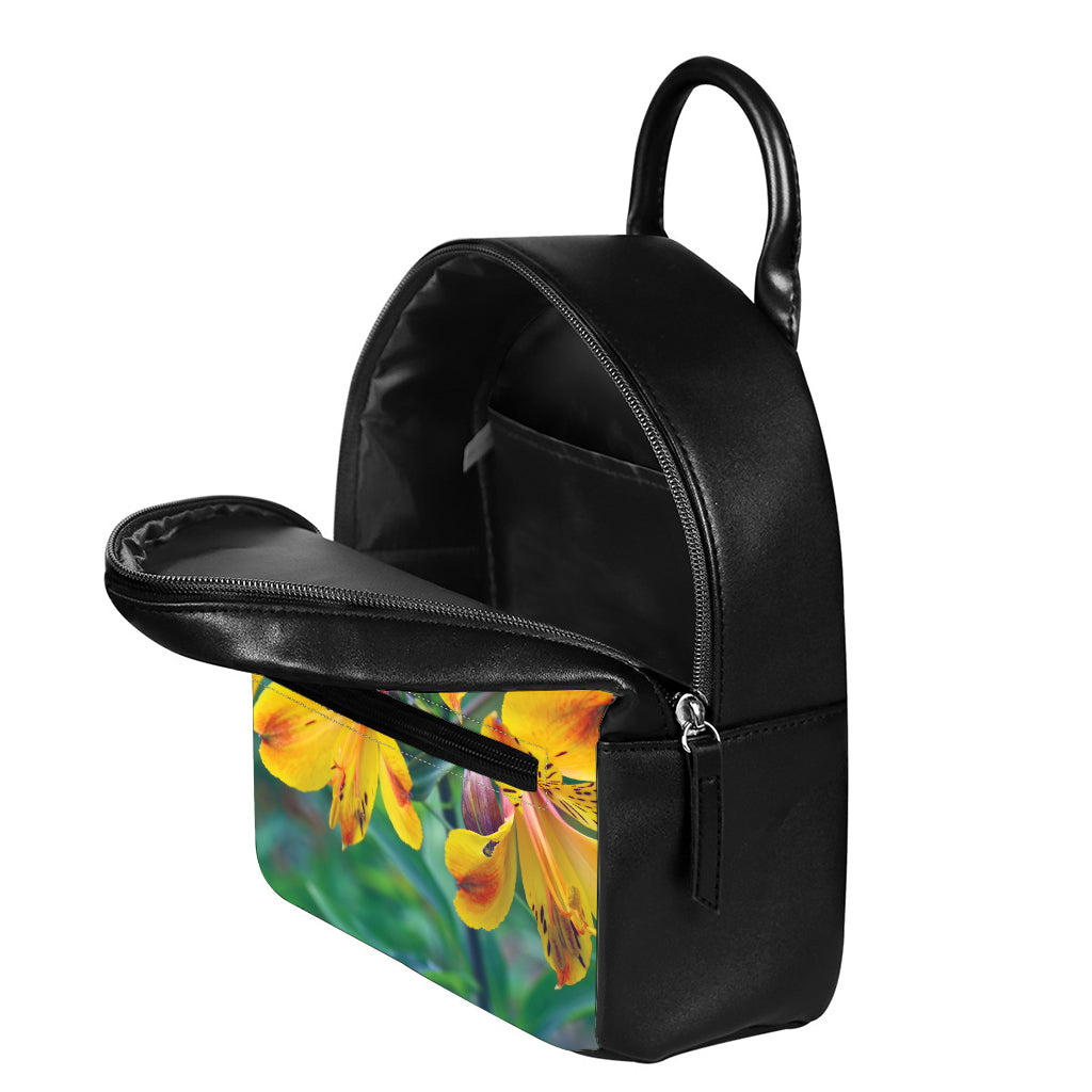 Yellow Alstroemeria Print Leather Backpack