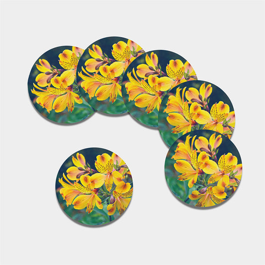Yellow Alstroemeria Print Leather Coaster Set
