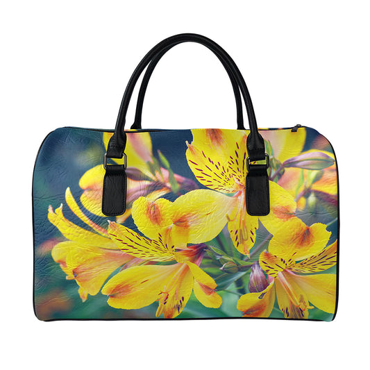 Yellow Alstroemeria Print Leather Duffle Bag