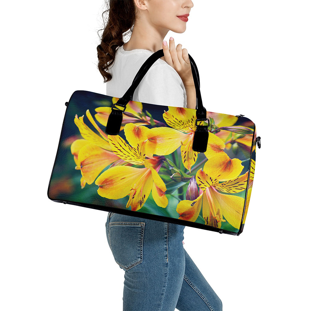 Yellow Alstroemeria Print Leather Duffle Bag