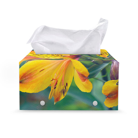 Yellow Alstroemeria Print Leather Tissue Box Cover