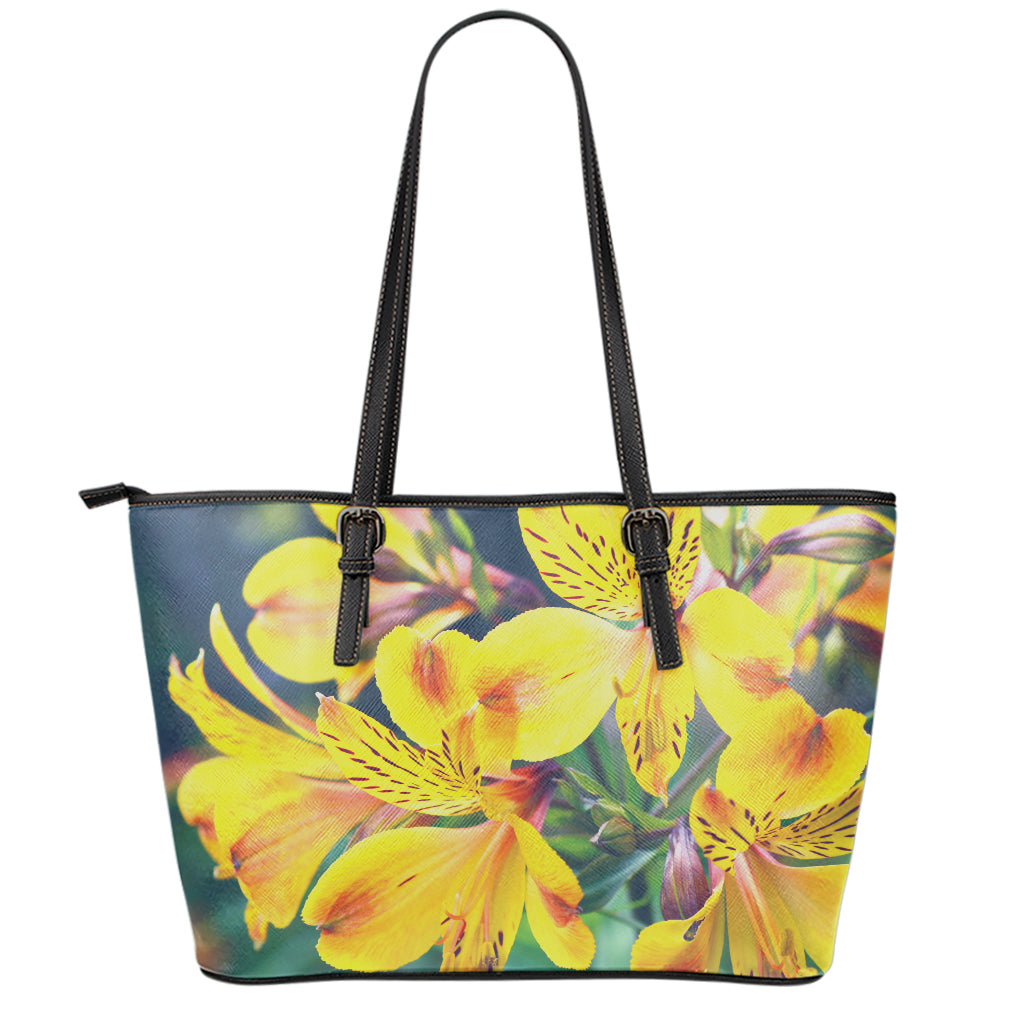 Yellow Alstroemeria Print Leather Tote Bag