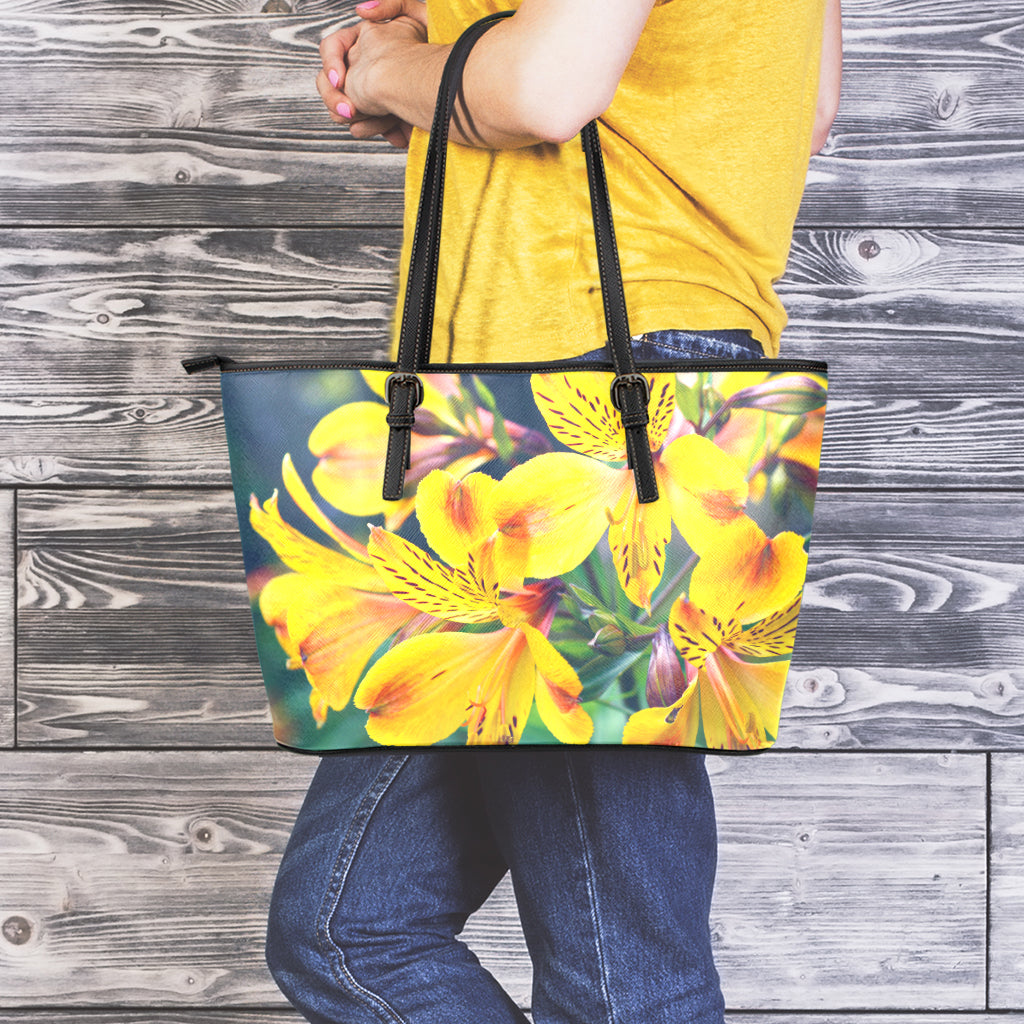 Yellow Alstroemeria Print Leather Tote Bag