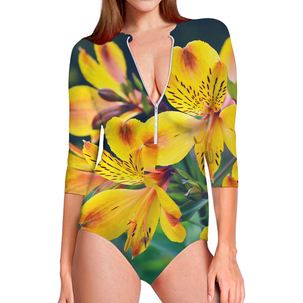 Yellow Alstroemeria Print Long Sleeve Swimsuit