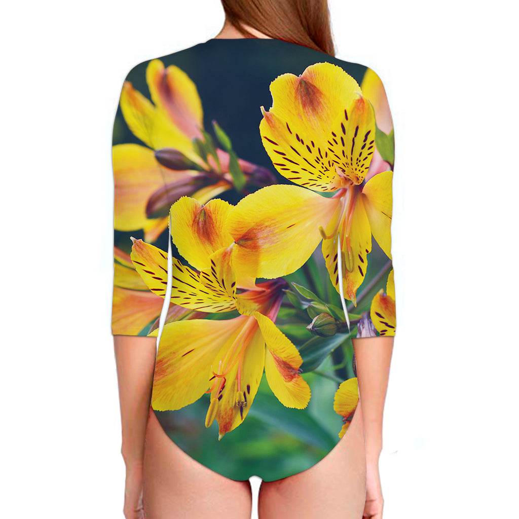 Yellow Alstroemeria Print Long Sleeve Swimsuit