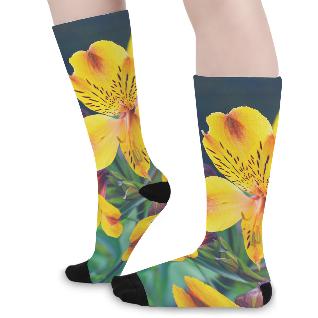 Yellow Alstroemeria Print Long Socks